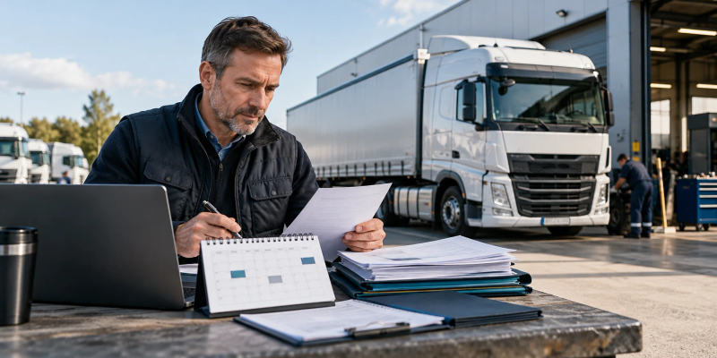 Manager de flotă verificând un calendar de mentenanță și documente lângă un camion într-un service