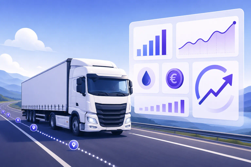 Camion pe autostradă lângă un panou cu grafice de costuri, combustibil și marjă de profit