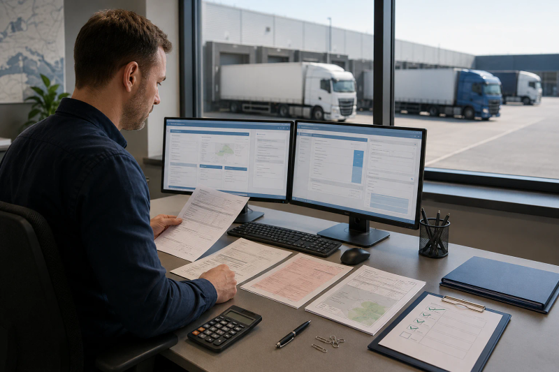 Specialist în facturare verificând factura, comanda și documentele de transport la un birou cu două monitoare, cu camioane la rampă în exterior