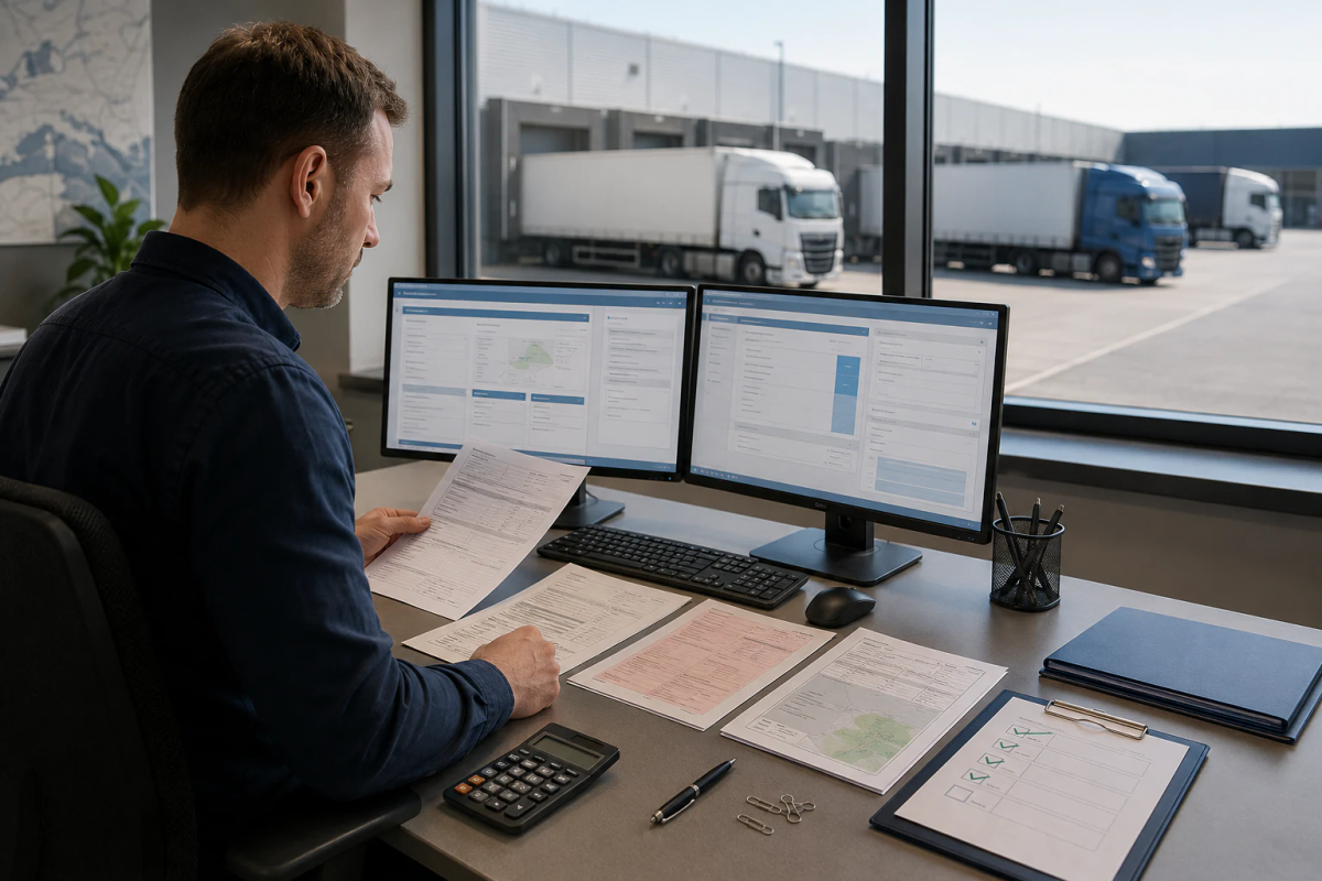 Specialist în facturare verificând factura, comanda și documentele de transport la un birou cu două monitoare, cu camioane la rampă în exterior