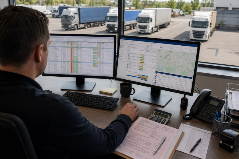 Dispecer într-un birou de transport comparând un tabel Excel cu o interfață TMS, cu camioane vizibile în parcare