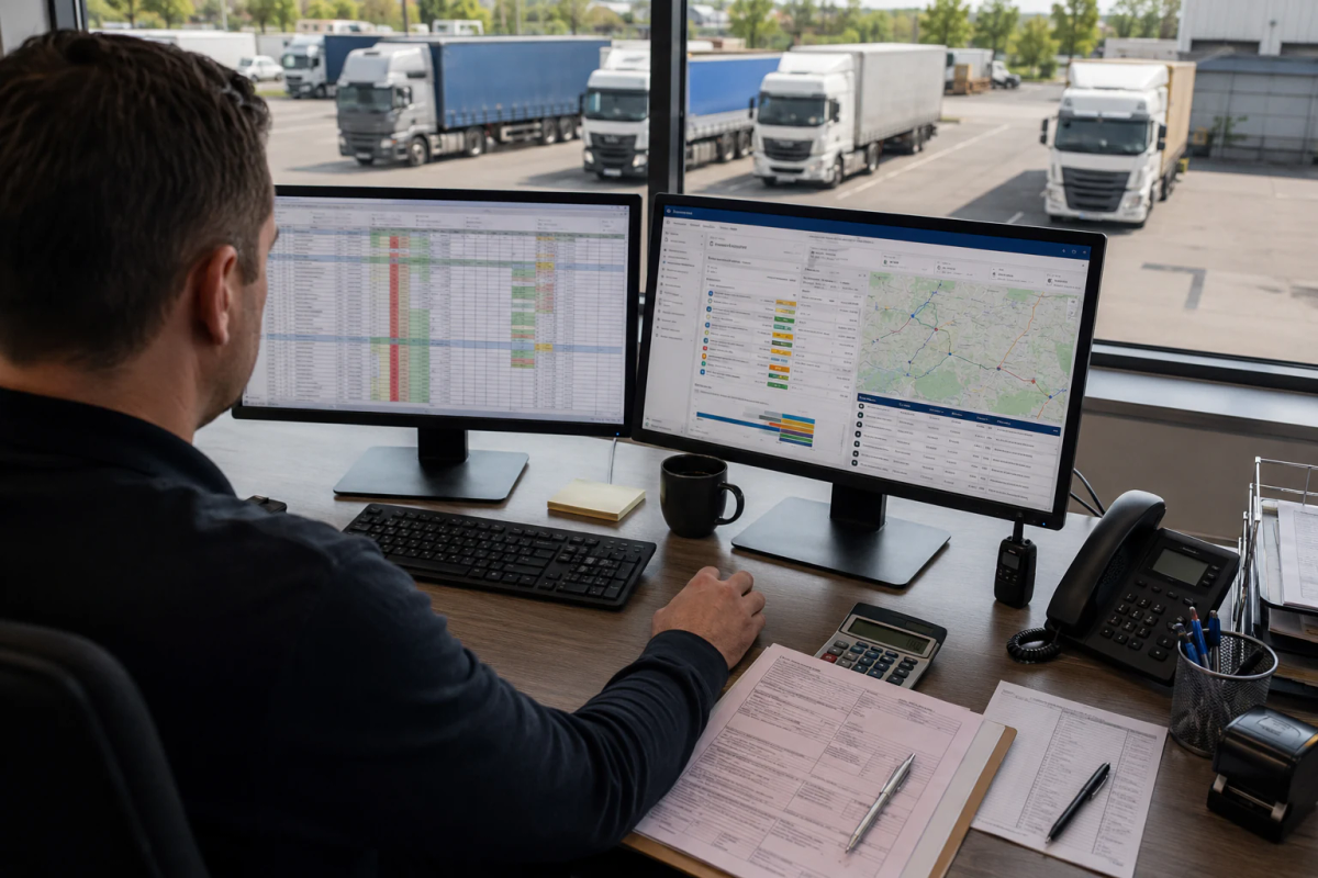 Dispecer într-un birou de transport comparând un tabel Excel cu o interfață TMS, cu camioane vizibile în parcare
