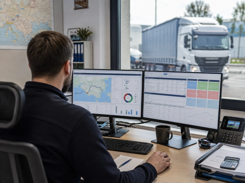 Freight forwarder reviewing a shipment route, carrier costs and profit margin on two monitors while a truck waits outside