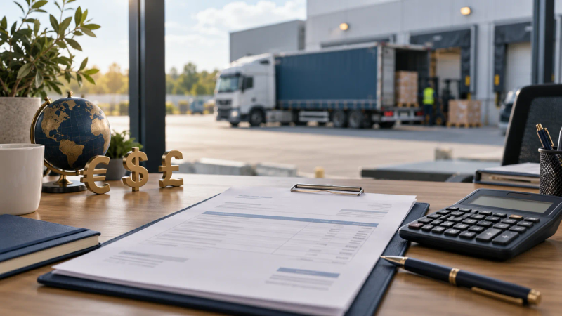 Factură și calculator pe birou, simboluri euro, dolar și liră, cu un camion la o rampă de încărcare în fundal