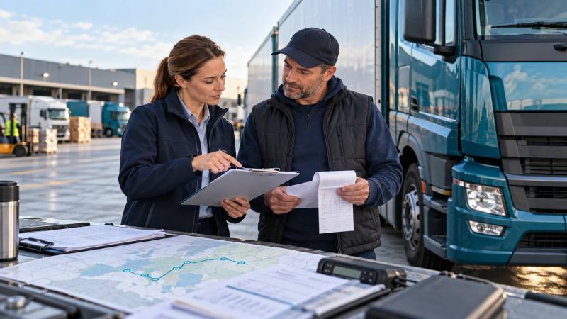 Dispeceră și șofer verificând documente și harta traseului lângă camion într-un centru logistic