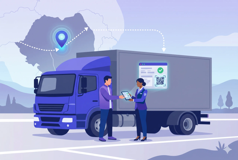 Șofer și inspector verificând codul UIT pe o tabletă lângă un camion, cu hartă și GPS activ