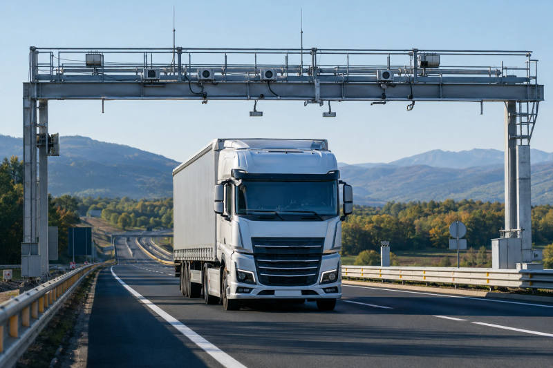 Camion de marfă trecând pe sub un portal electronic de taxare rutieră