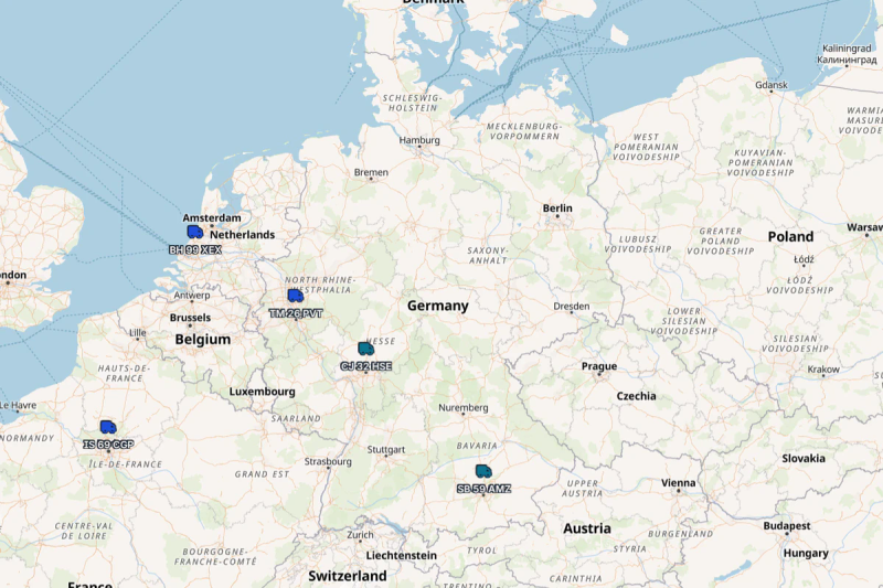 Routena fleet monitoring map showing vehicle positions across Europe