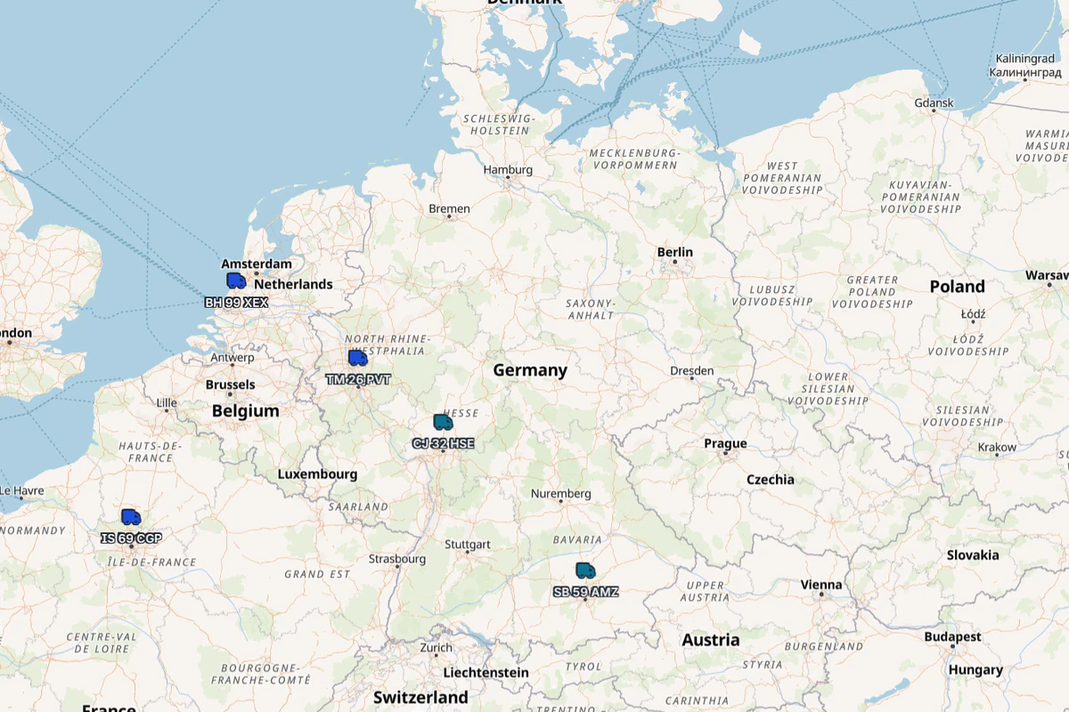 Routena fleet monitoring map showing vehicle positions across Europe